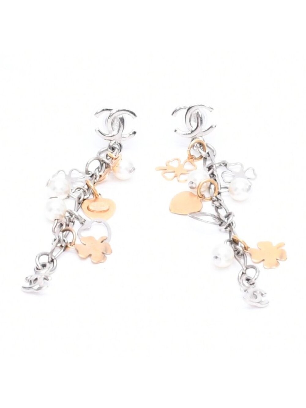 Chanel Drop Earrings 06 CC Logo Clover Heart Faux Pearl